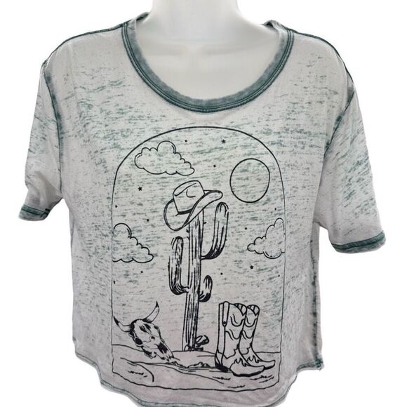 Good Two Sleeves XS Cropped Graphic Tee Western Cactus Lightweight Burnout - Picture 1 of 6